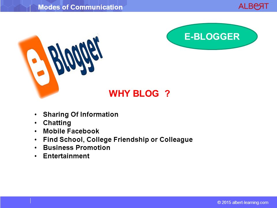 Modes of Communication © 2015 albert-learning.com E-BLOGGER WHY BLOG .