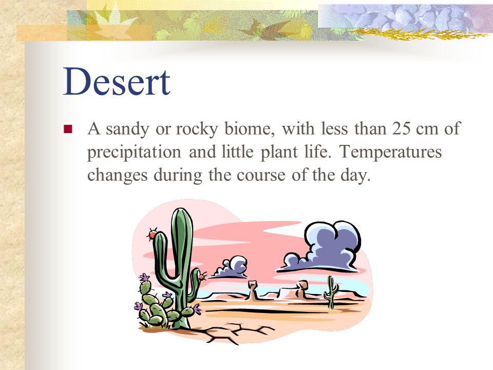 Desert A sandy or rocky biome, with less than 25 cm of precipitation and little plant life.