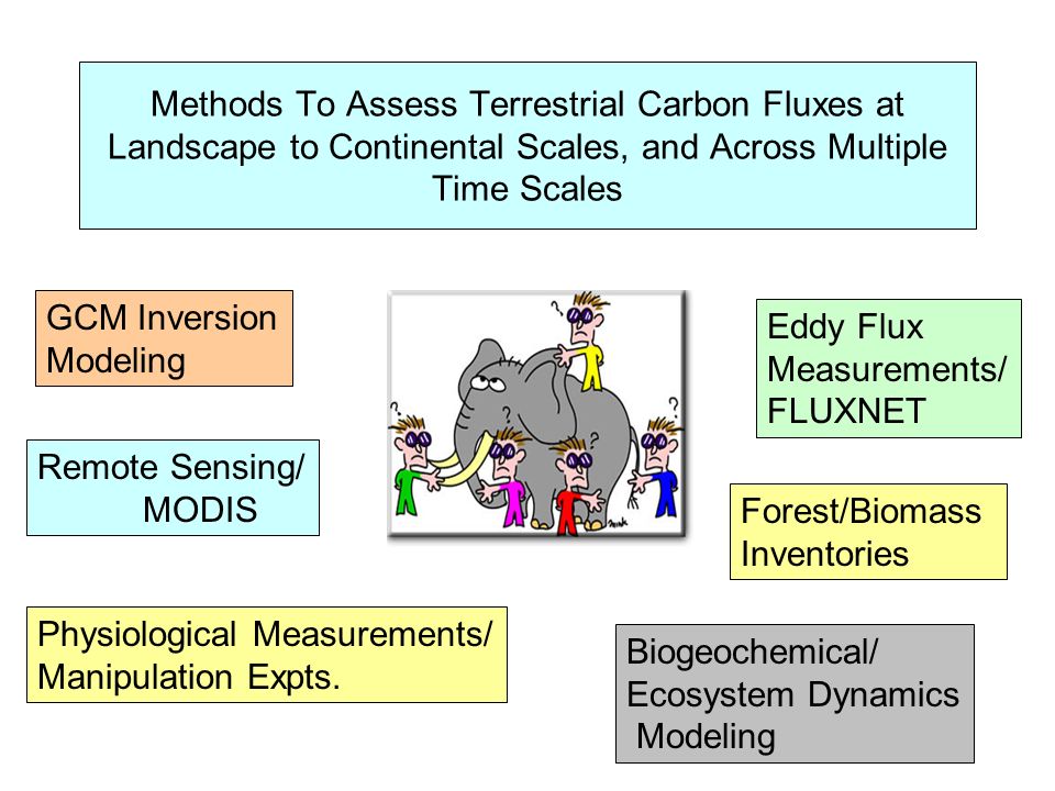 Methods To Assess Terrestrial Carbon Fluxes at Landscape to Continental Scales, and Across Multiple Time Scales GCM Inversion Modeling Remote Sensing/ MODIS Eddy Flux Measurements/ FLUXNET Forest/Biomass Inventories Biogeochemical/ Ecosystem Dynamics Modeling Physiological Measurements/ Manipulation Expts.
