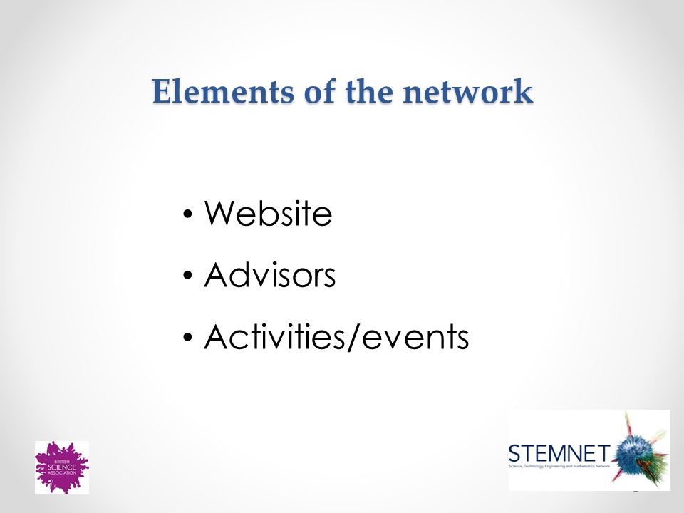 Elements of the network Website Advisors Activities/events