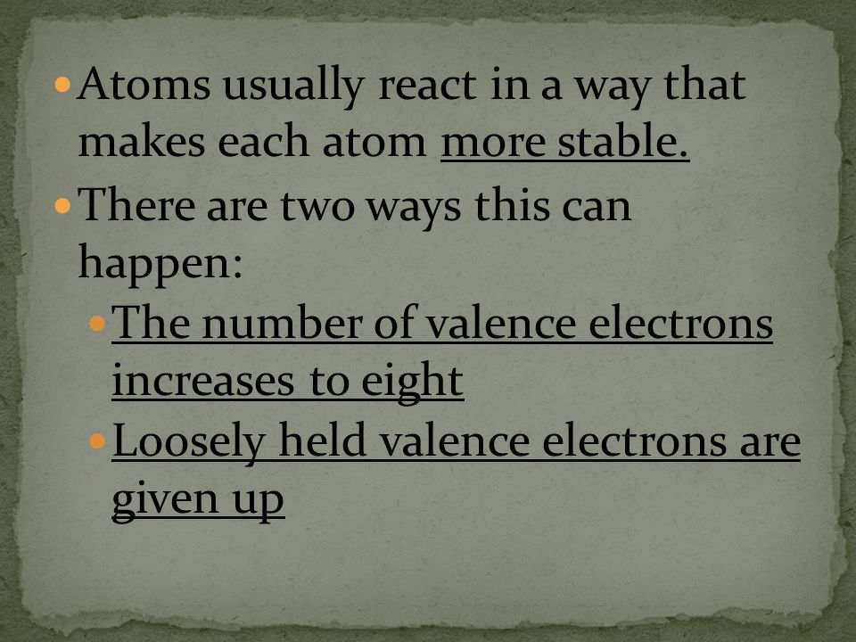 Atoms usually react in a way that makes each atom more stable.
