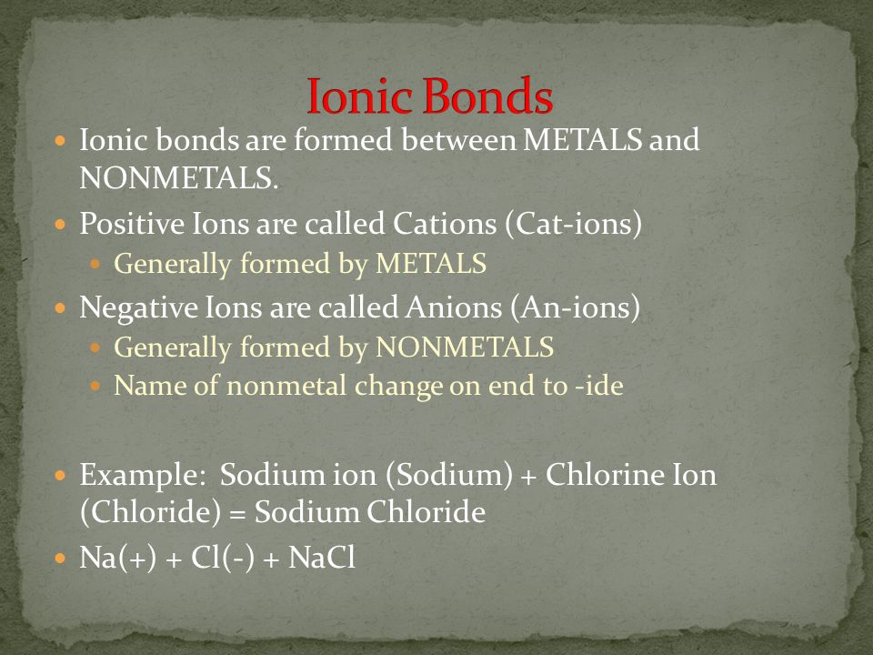 Ionic bonds are formed between METALS and NONMETALS.