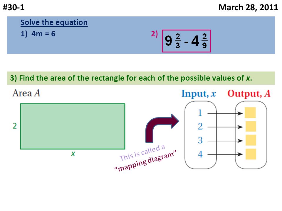 #30-1 March 28, 2011 Solve the equation 1) 4m = 6 2) 3) Find the area of the rectangle for each of the possible values of x.