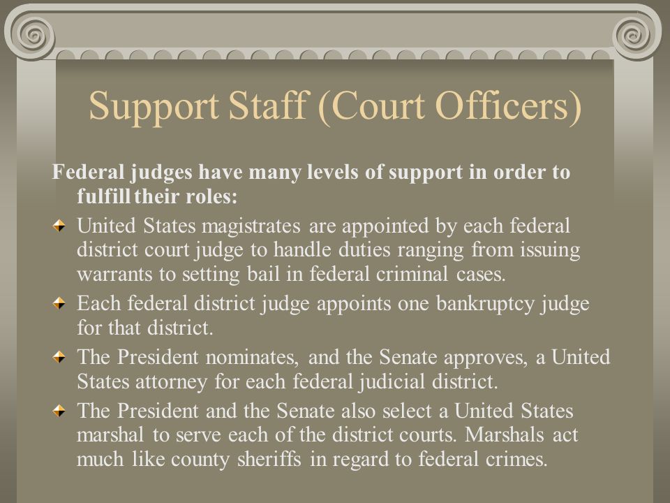 Support Staff (Court Officers) Federal judges have many levels of support in order to fulfill their roles: United States magistrates are appointed by each federal district court judge to handle duties ranging from issuing warrants to setting bail in federal criminal cases.