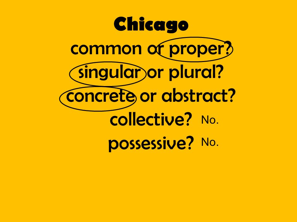 Chicago common or proper singular or plural concrete or abstract collective possessive No.