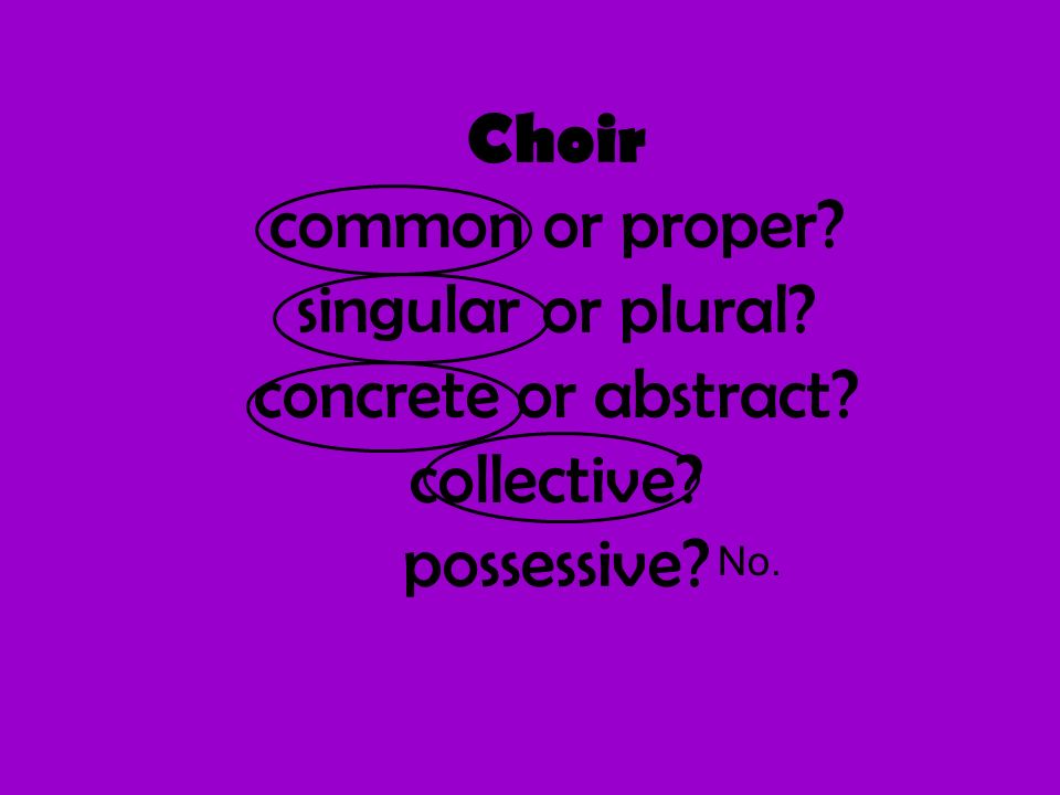 Choir common or proper singular or plural concrete or abstract collective possessive No.