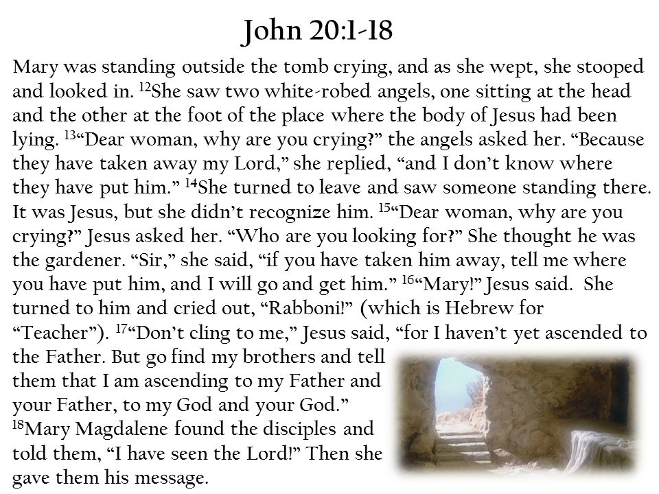 John 20:1-18 Early on Sunday morning, while it was still dark, Mary  Magdalene came to the tomb and found that the stone had been rolled away  from the entrance. - ppt download