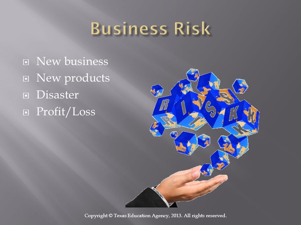  New business  New products  Disaster  Profit/Loss Copyright © Texas Education Agency, 2013.