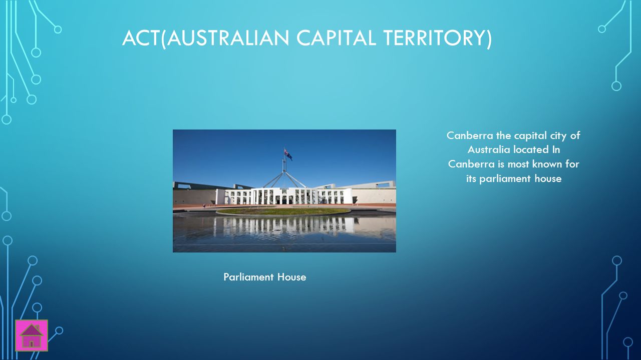 ACT(AUSTRALIAN CAPITAL TERRITORY) Canberra the capital city of Australia located In Canberra is most known for its parliament house Parliament House