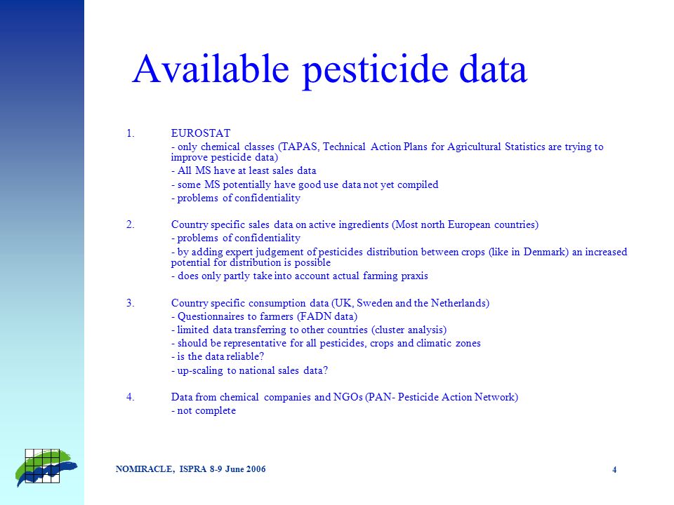 NOMIRACLE, ISPRA 8-9 June Emission estimates for pesticides due to  agricultural praxis Steen Gyldenkærne and Peter B. Sørensen National  Environmental. - ppt download