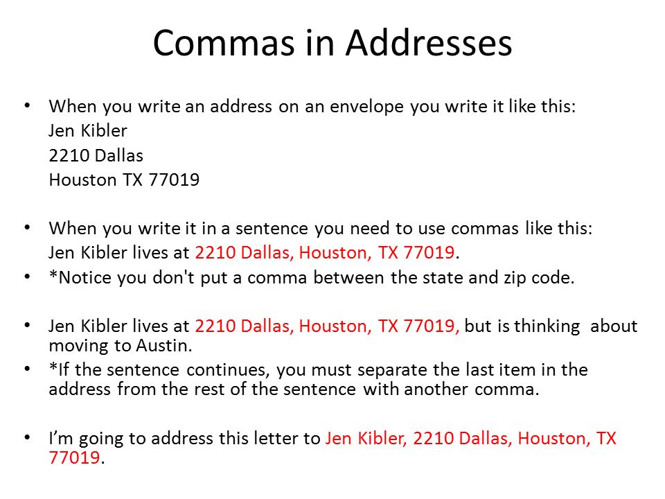 how to write an address with commas