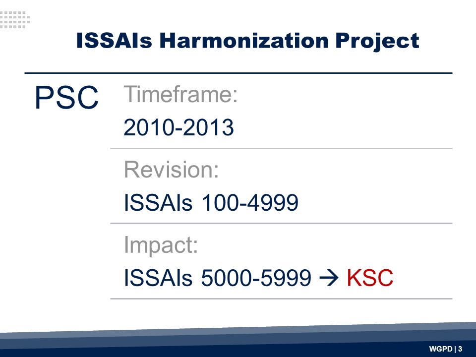 WGPD | 3 ISSAIs Harmonization Project PSC Timeframe: Revision: ISSAIs Impact: ISSAIs  KSC