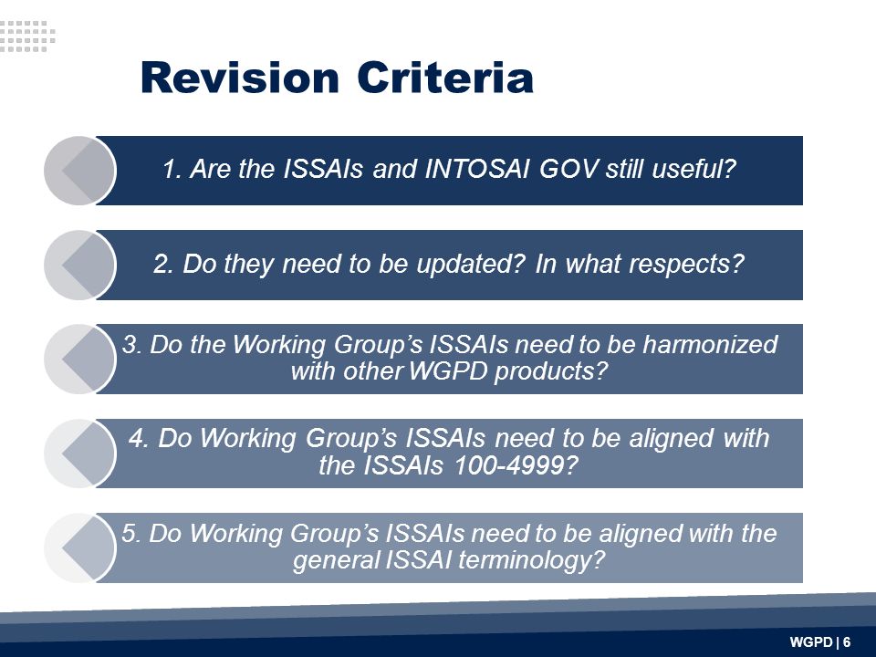 WGPD | 6 Revision Criteria 1. Are the ISSAIs and INTOSAI GOV still useful.