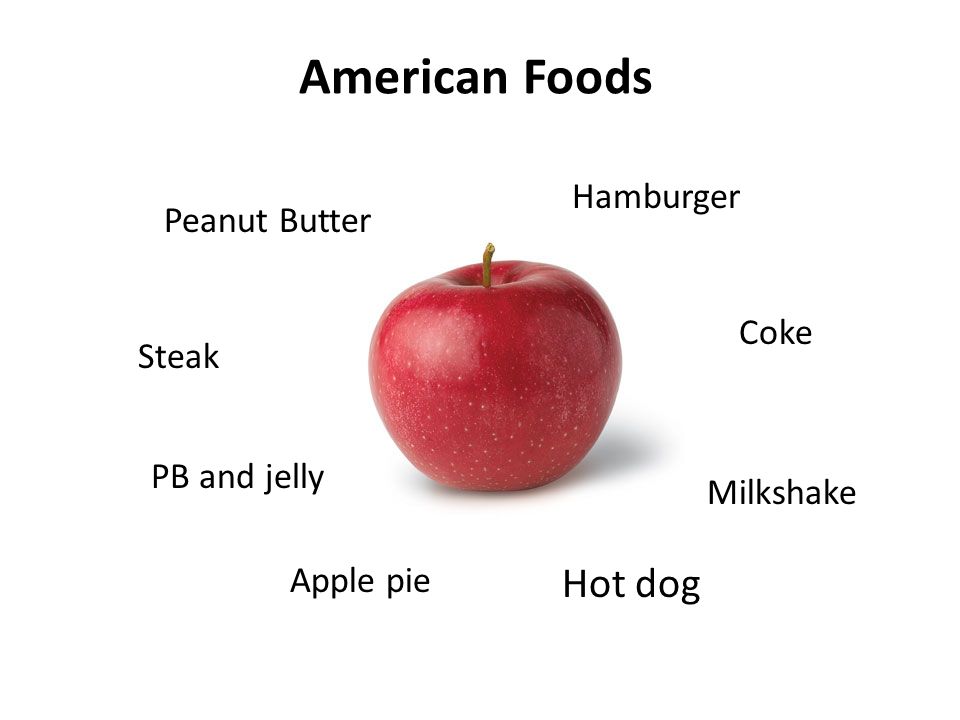 American Foods Steak Hot dog Peanut Butter Hamburger PB and jelly Milkshake Apple pie Coke