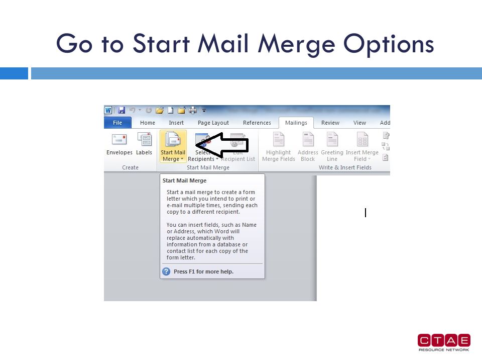 Go to Start Mail Merge Options