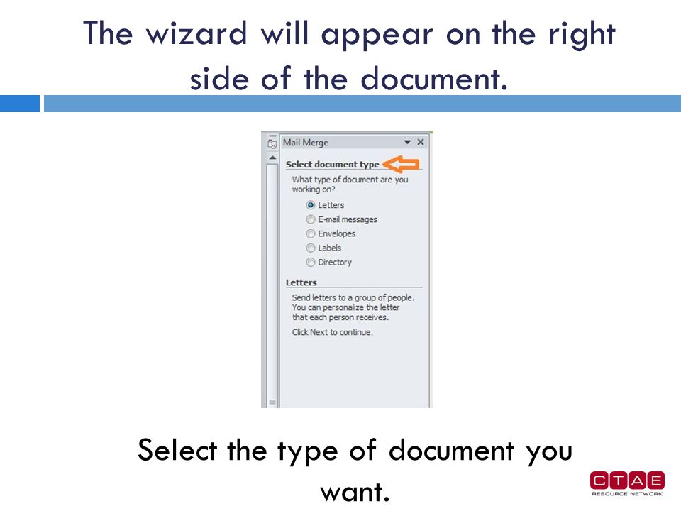 The wizard will appear on the right side of the document. Select the type of document you want.