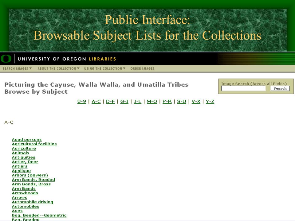 Public Interface: Browsable Subject Lists for the Collections