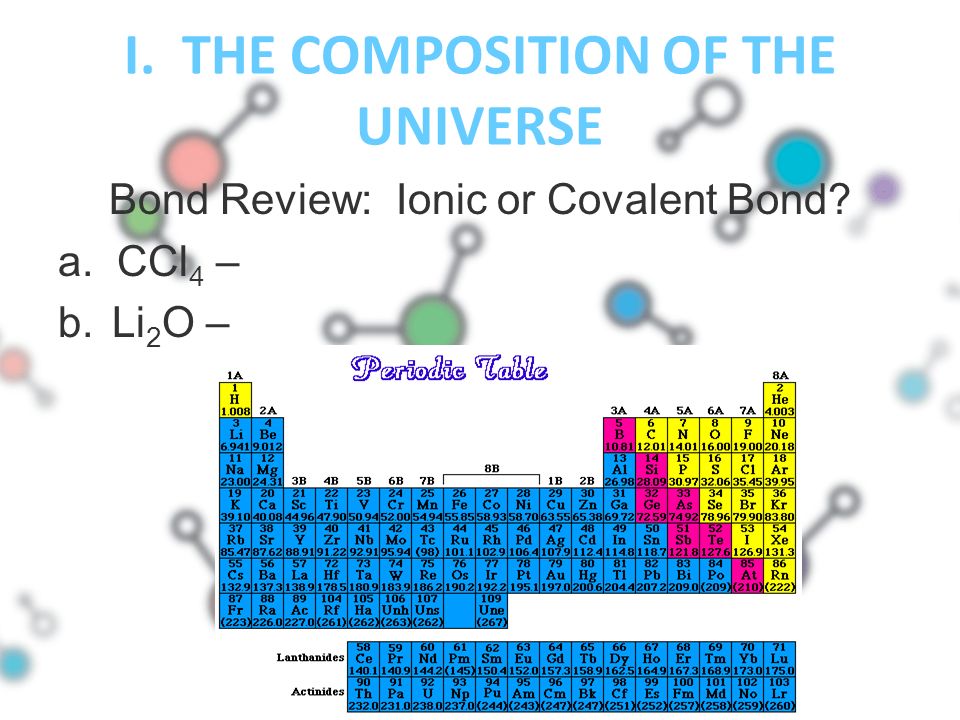 I. THE COMPOSITION OF THE UNIVERSE Bond Review: Ionic or Covalent Bond a. CCl 4 – b.Li 2 O –