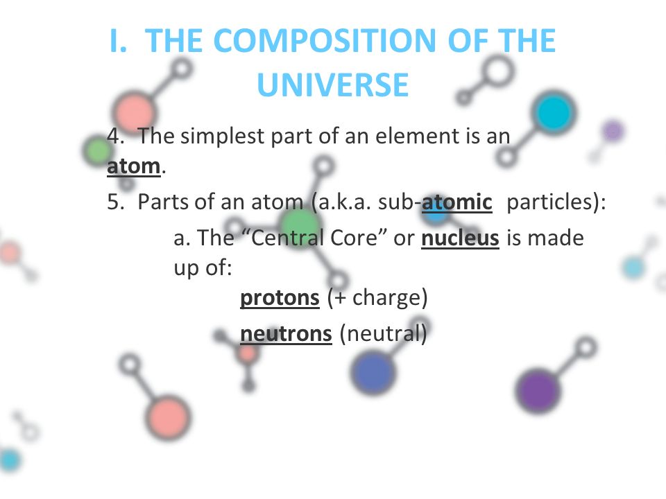 I. THE COMPOSITION OF THE UNIVERSE 4. The simplest part of an element is an atom.