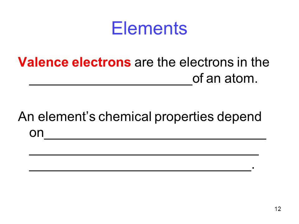 12 Elements Valence electrons are the electrons in the ______________________of an atom.