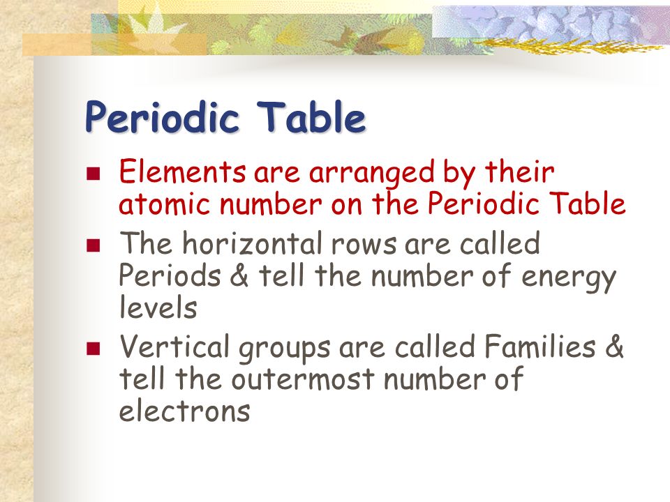 Periodic Table Elements are arranged by their atomic number on the Periodic Table The horizontal rows are called Periods & tell the number of energy levels Vertical groups are called Families & tell the outermost number of electrons