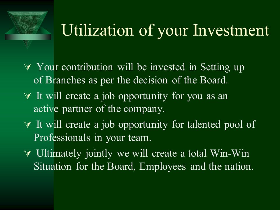 Utilization of your Investment  Your contribution will be invested in Setting up of Branches as per the decision of the Board.