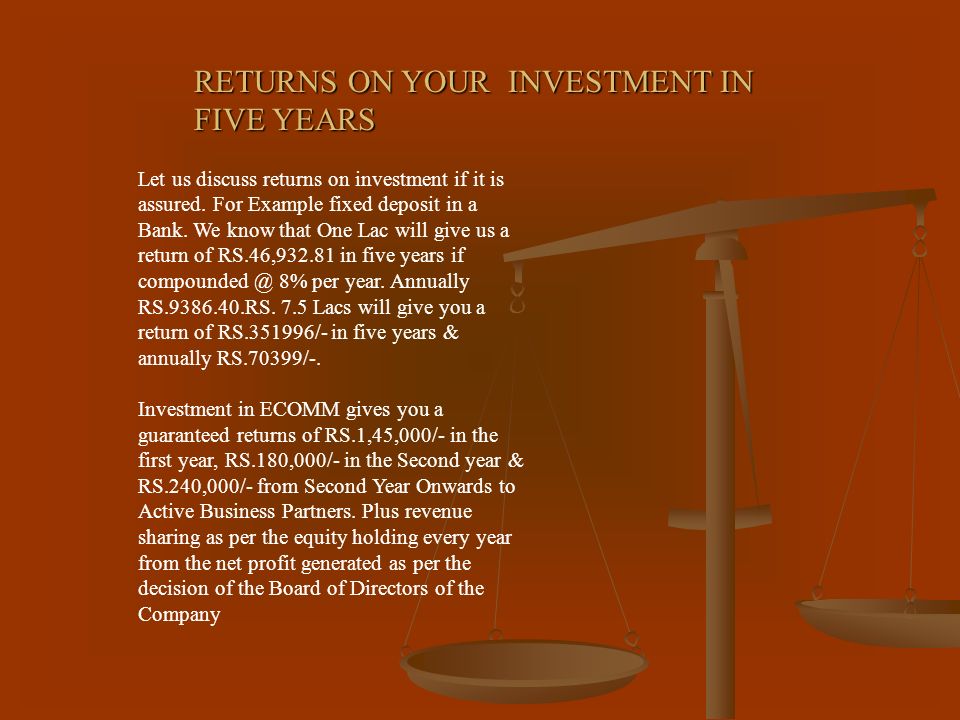 RETURNS ON YOUR INVESTMENT IN FIVE YEARS Let us discuss returns on investment if it is assured.