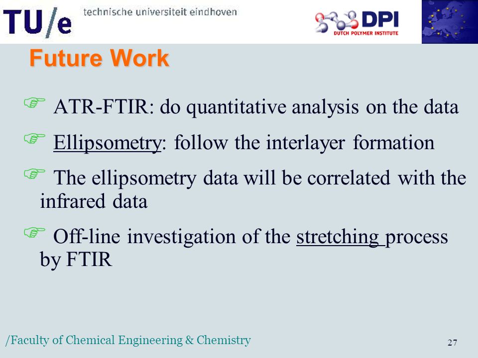 /Faculty of Chemical Engineering & Chemistry 27 Future Work  A TR-FTIR: do quantitative analysis on the data  E E llipsometry: follow the interlayer formation  T he ellipsometry data will be correlated with the infrared data  O ff-line investigation of the stretching process by FTIR