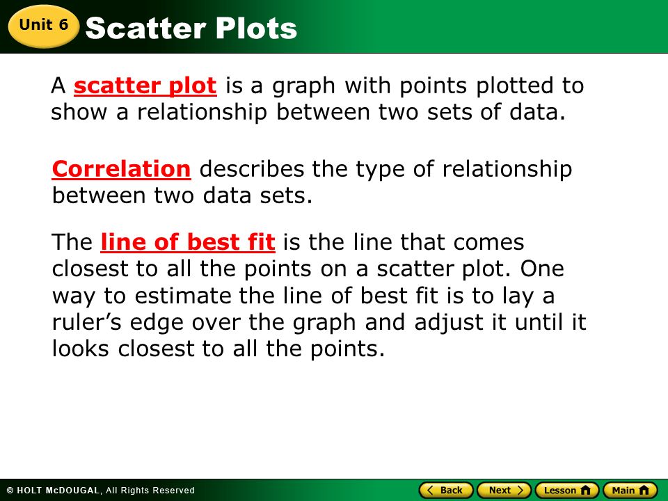 Scatter Plots A scatter plot is a graph with points plotted to show a relationship between two sets of data.
