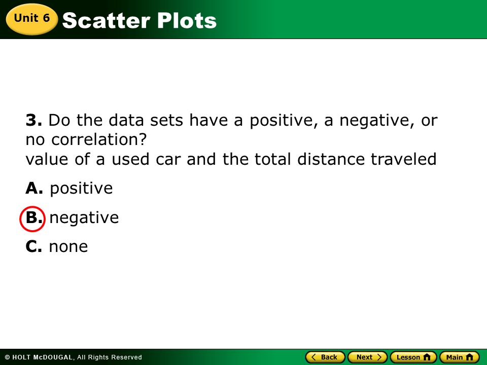 Scatter Plots 3. Do the data sets have a positive, a negative, or no correlation.