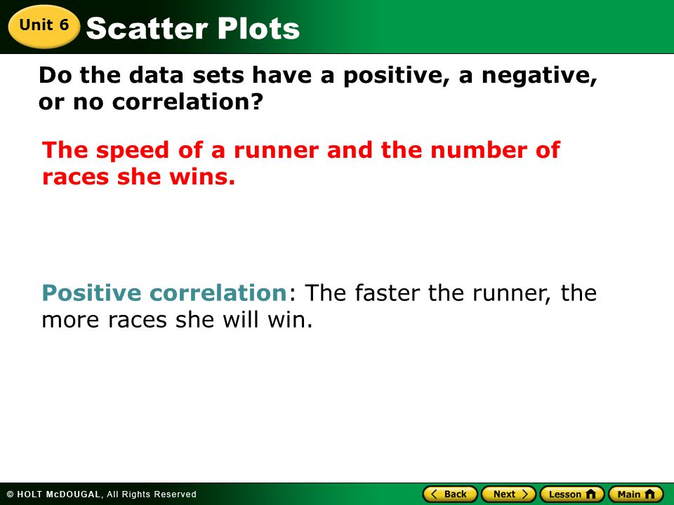 Scatter Plots Unit 6 Do the data sets have a positive, a negative, or no correlation.