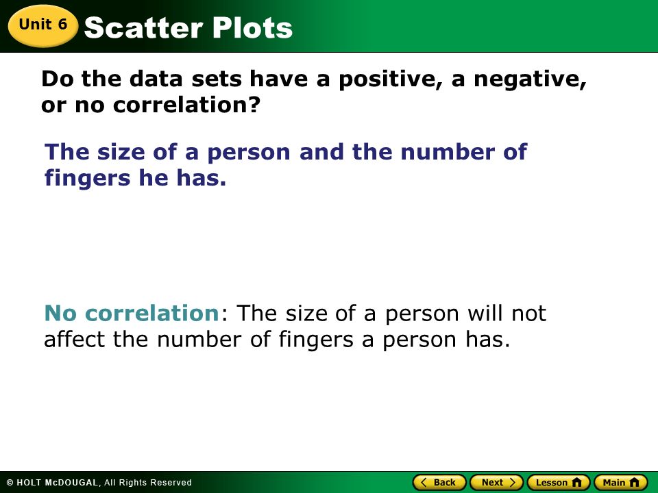 Scatter Plots Unit 6 Do the data sets have a positive, a negative, or no correlation.