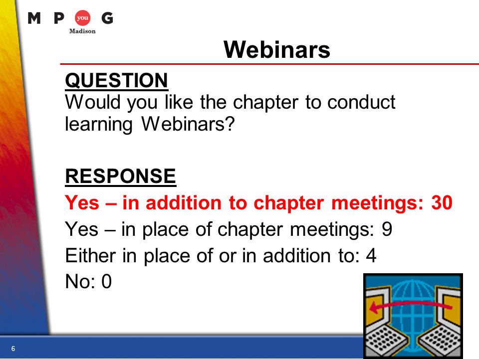 6 Webinars QUESTION Would you like the chapter to conduct learning Webinars.