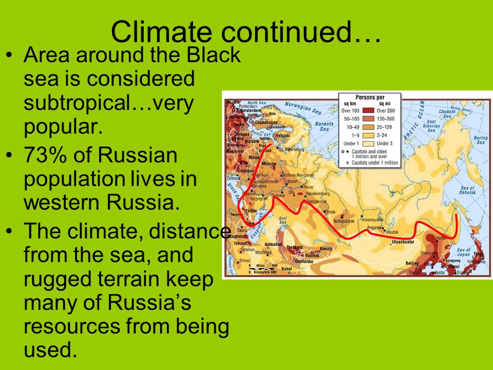 Climate continued… Area around the Black sea is considered subtropical…very popular.
