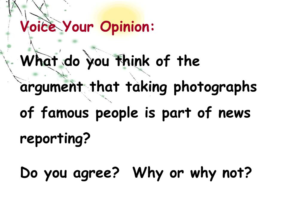 Voice Your Opinion: What do you think of the argument that taking photographs of famous people is part of news reporting.