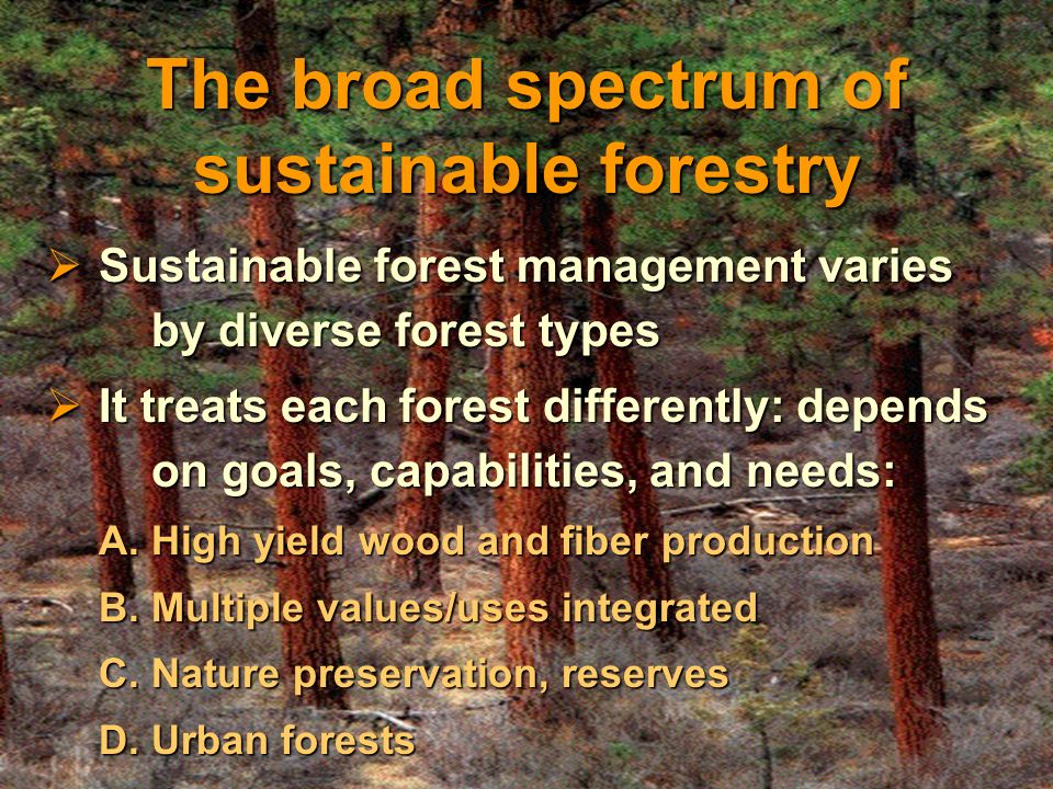 13 The broad spectrum of sustainable forestry  Sustainable forest management varies by diverse forest types  It treats each forest differently: depends on goals, capabilities, and needs: A.High yield wood and fiber production B.Multiple values/uses integrated C.Nature preservation, reserves D.Urban forests