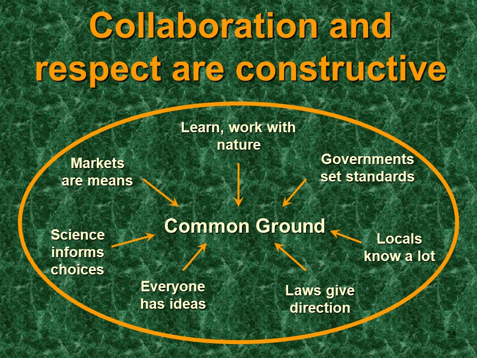25 Collaboration and respect are constructive Common Ground Markets are means Learn, work with nature Governments set standards Science informs choices Everyone has ideas Locals know a lot Laws give direction