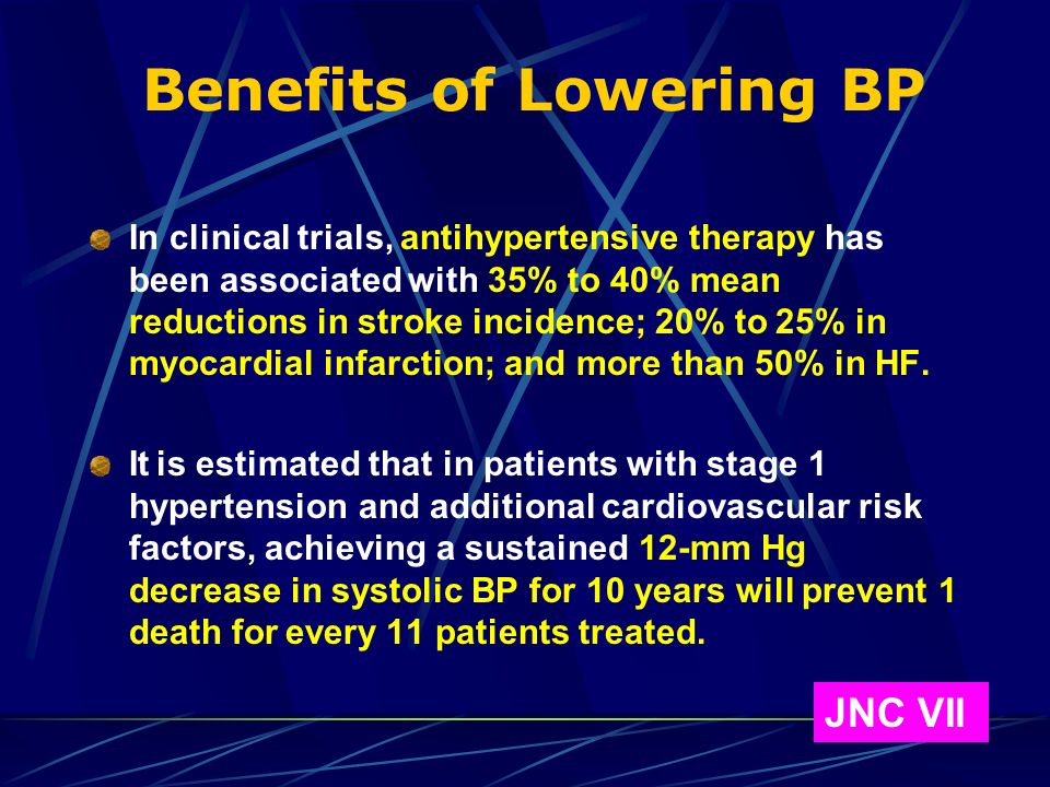 Benefits of Lowering BP In clinical trials, antihypertensive therapy has been associated with 35% to 40% mean reductions in stroke incidence; 20% to 25% in myocardial infarction; and more than 50% in HF.