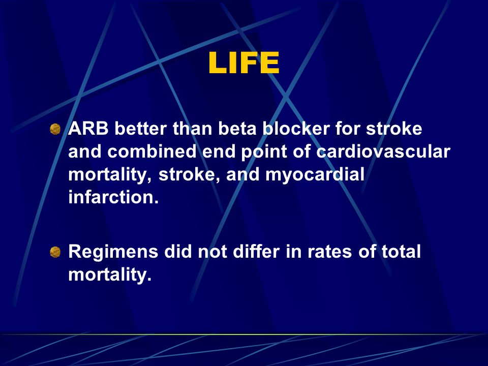 LIFE ARB better than beta blocker for stroke and combined end point of cardiovascular mortality, stroke, and myocardial infarction.