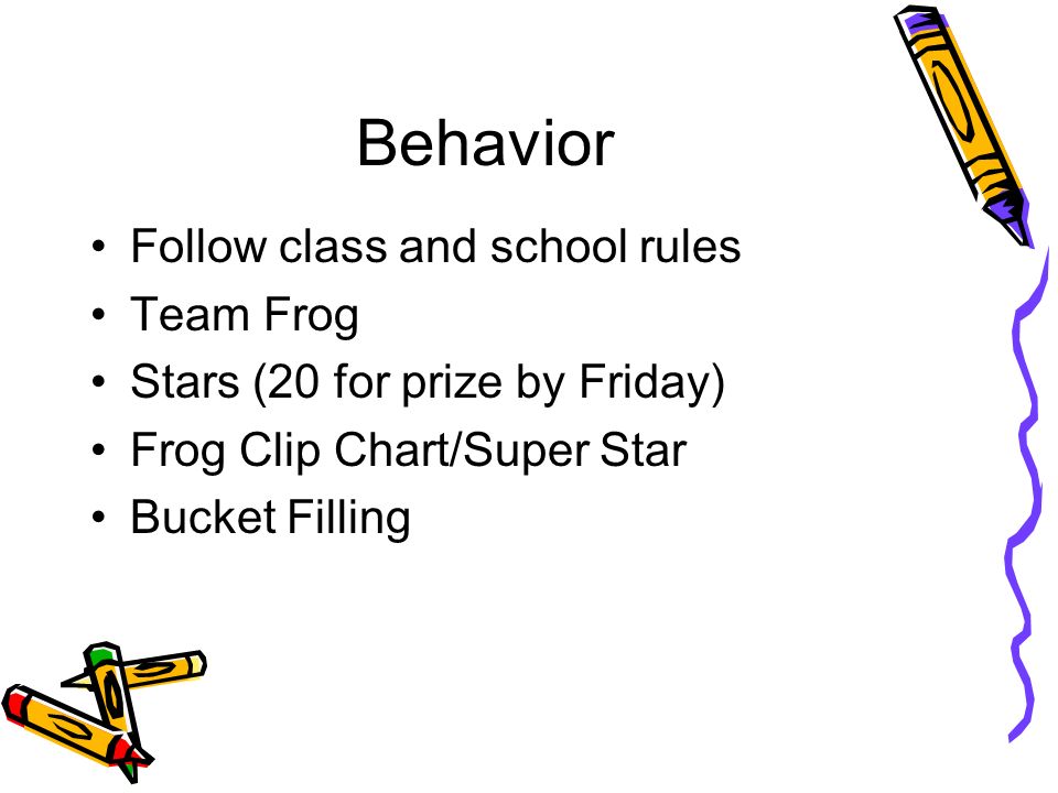 Behavior Follow class and school rules Team Frog Stars (20 for prize by Friday) Frog Clip Chart/Super Star Bucket Filling