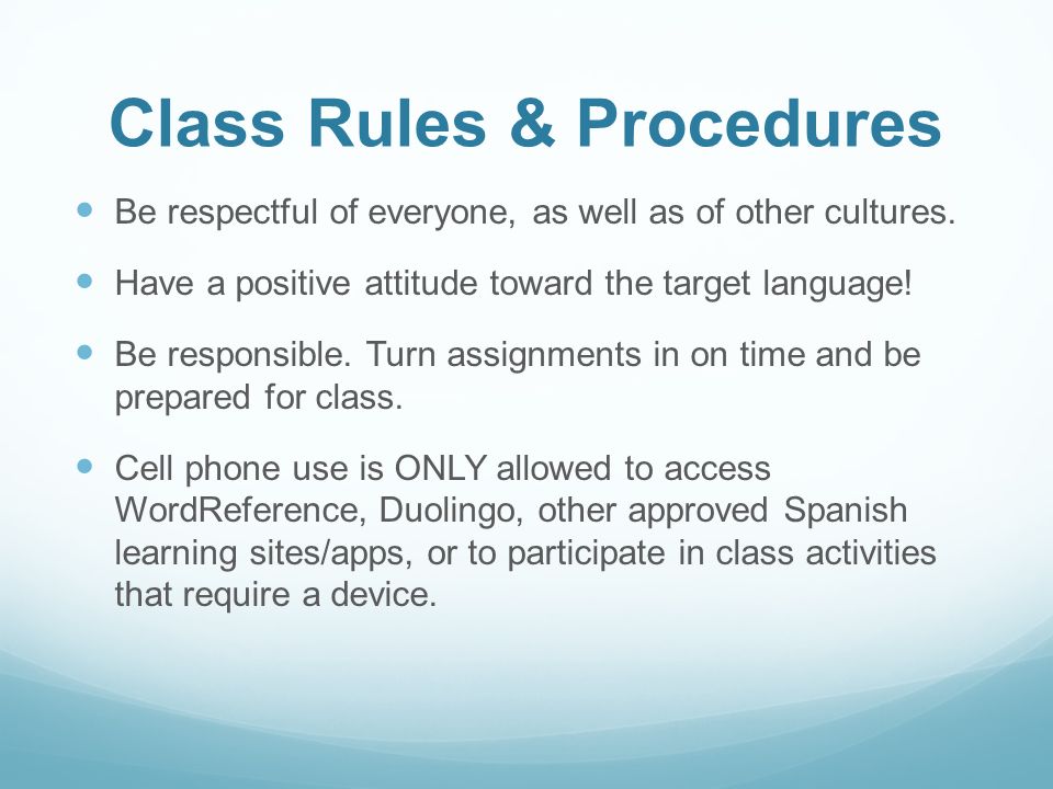 Class Rules & Procedures Be respectful of everyone, as well as of other cultures.