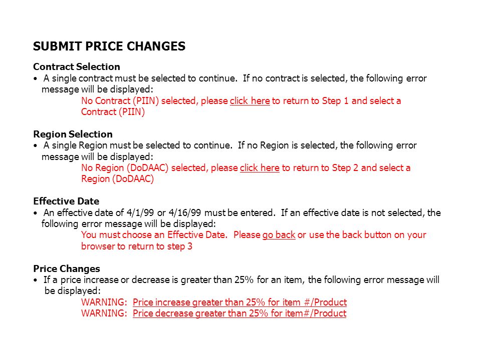 SUBMIT PRICE CHANGES Contract Selection A single contract must be selected to continue.