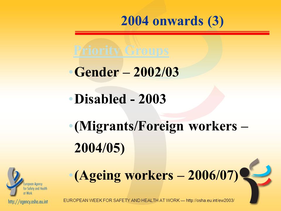 EUROPEAN WEEK FOR SAFETY AND HEALTH AT WORK — onwards (3) Priority Groups Gender – 2002/03 Disabled (Migrants/Foreign workers – 2004/05) (Ageing workers – 2006/07)