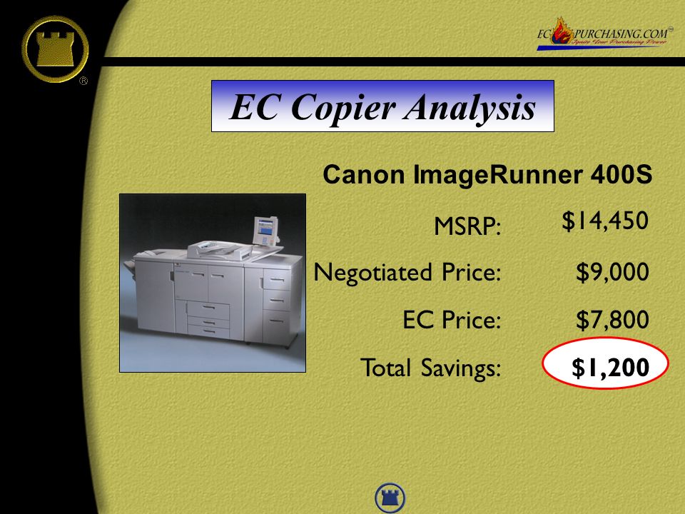 EC Copier Analysis Compare current cost / new copier Educate savings opportunities Provide break even analysis
