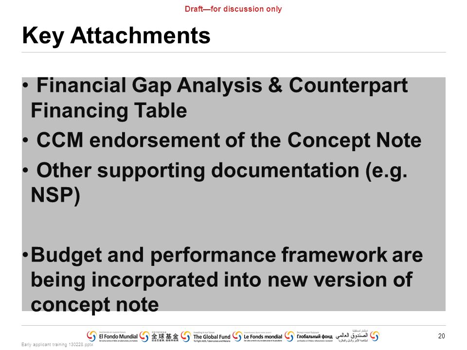 Early applicant training pptx 20 Draft—for discussion only Key Attachments Financial Gap Analysis & Counterpart Financing Table CCM endorsement of the Concept Note Other supporting documentation (e.g.