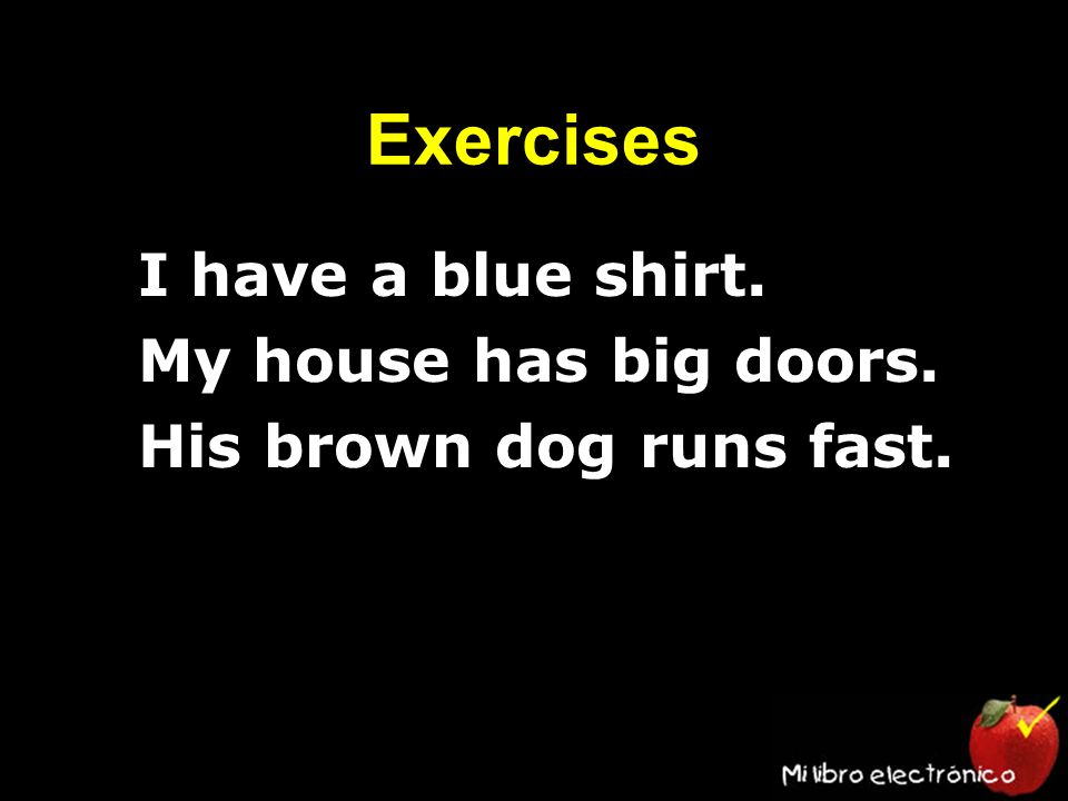 Exercises 1.I have a blue shirt. 2.My house has big doors. 3.His brown dog runs fast.