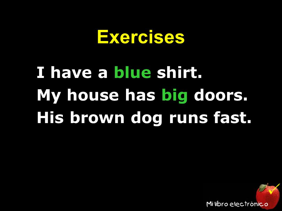 Exercises 1.I have a blue shirt. 2.My house has big doors. 3.His brown dog runs fast.