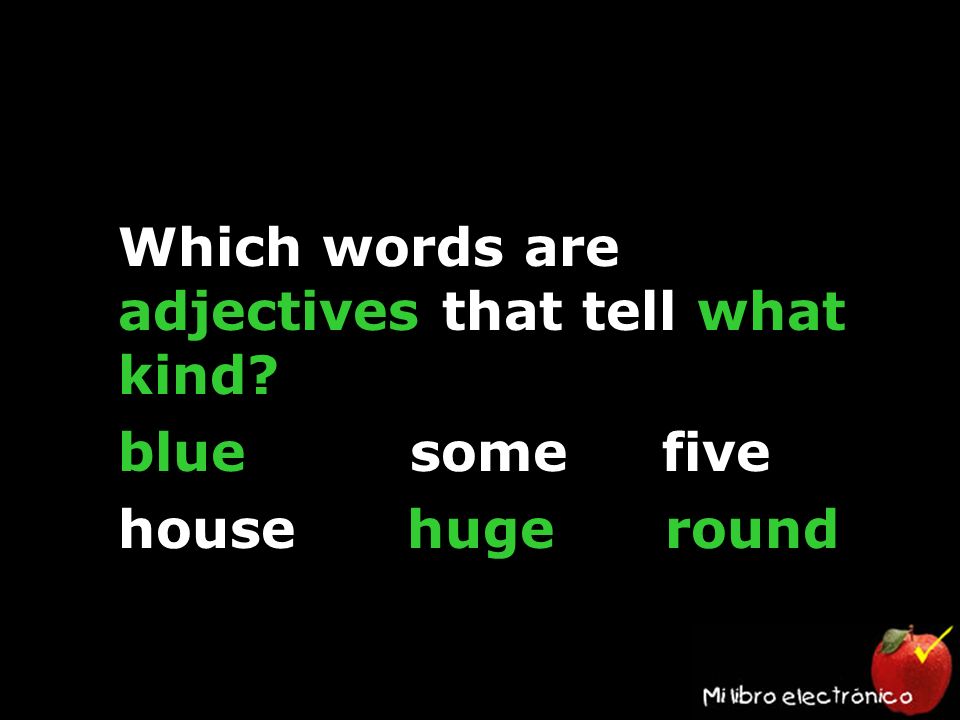Which words are adjectives that tell what kind blue some five house huge round