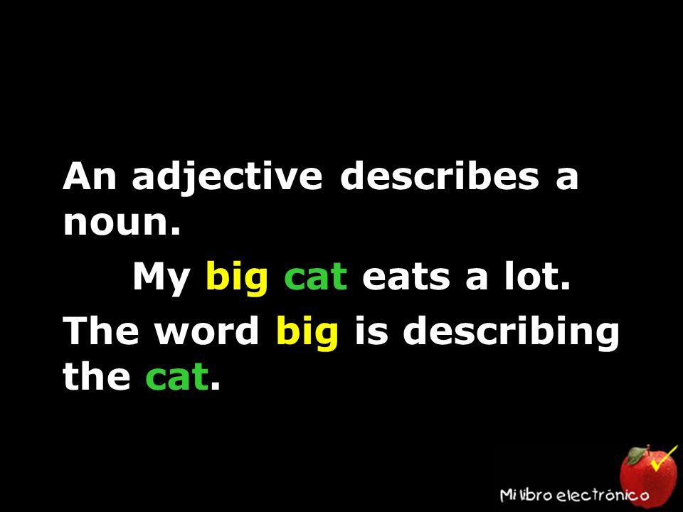 An adjective describes a noun. My big cat eats a lot. The word big is describing the cat.