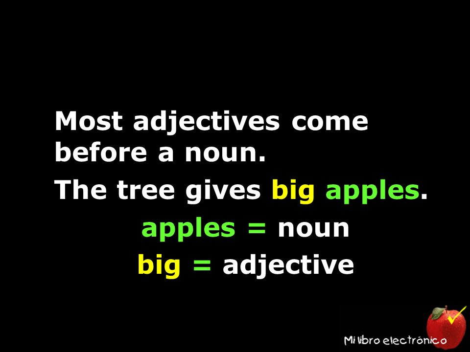 Most adjectives come before a noun. The tree gives big apples. apples = noun big = adjective